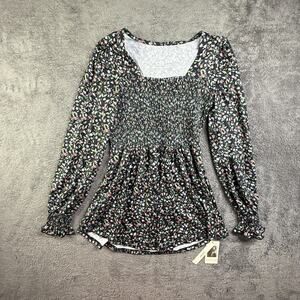 Lomon Floral Smocked Cottagecore Top NEW S Womens Long Sleeve Square Neck
